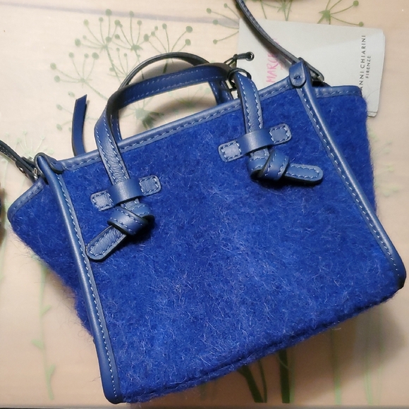 NWR Wool Blend With Leather Trim Blue Italian Handbag - Picture 2 of 10